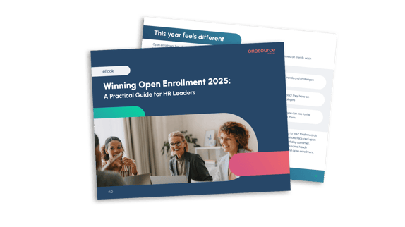 Image reads "Winning Open Enrollment 2025: A Practical Guide for HR Leaders" and features 3 female HR professionals working together.